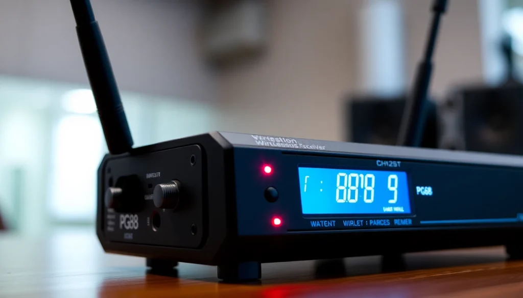 PG88 wireless microphone receiver showcasing advanced technology with signal indicators, ideal for live sound setups.