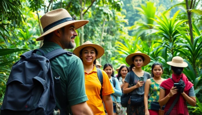 Experienced guide leading travelers through lush Lombok landscape, showcasing natural beauty and local culture.