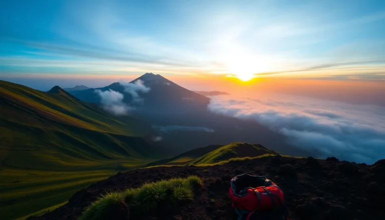 Majestic sunrise view of Mt. Rinjani's volcanic summit, showcasing lush landscape and morning mist, ideal for adventure seekers.