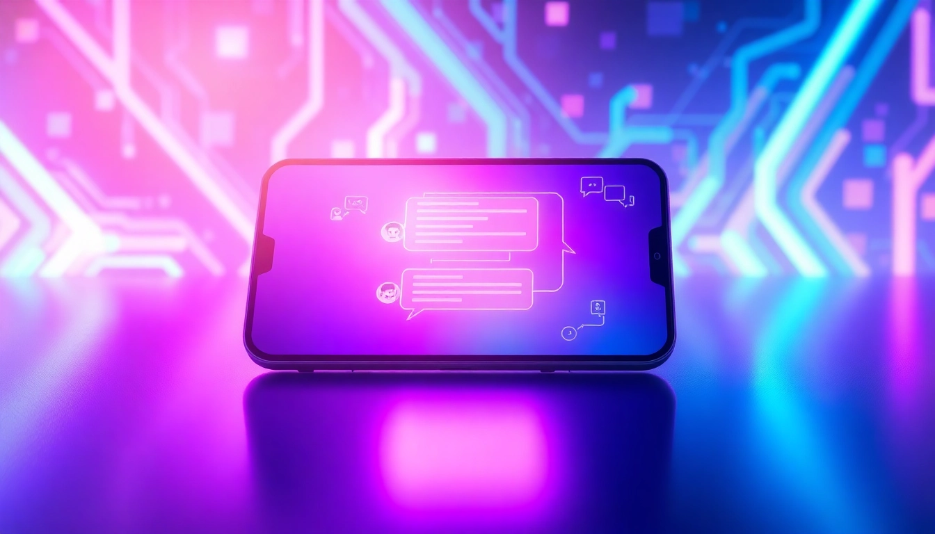 Futuristic AI chat interface on a modern device screen with colorful speech bubbles and neon background.