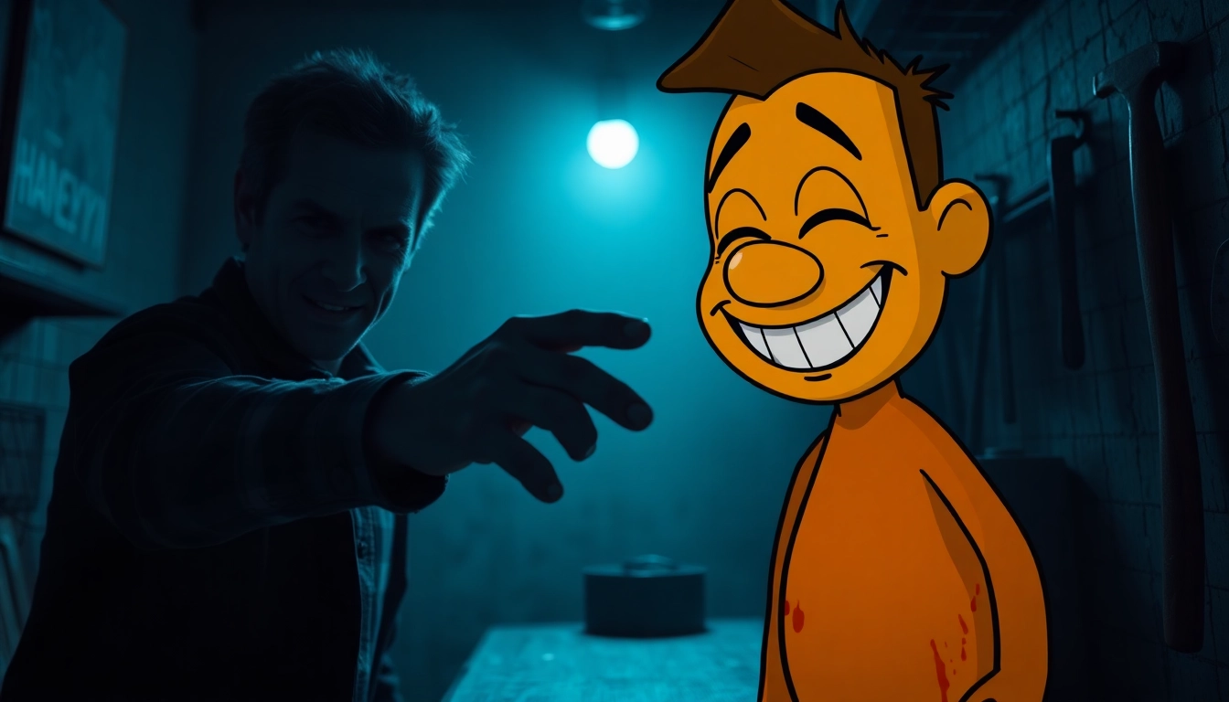 A distressed man reaches out to a cheerful but increasingly suffering cartoon character in a dark, tense room, with unsettling textures and lighting highlighting moral conflict.