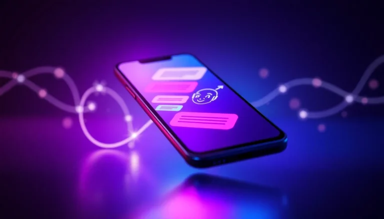 Futuristic smartphone displaying colorful AI chat interface with glowing data streams