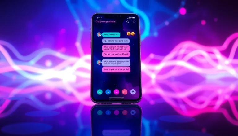 Futuristic smartphone displaying a colorful chat interface with neon accents, representing AI sexting and personalized conversations.