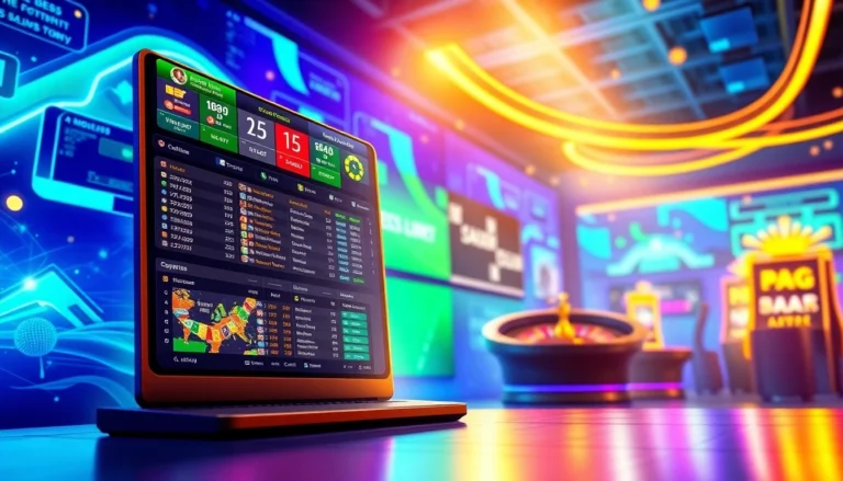 An illustration of a modern online sportsbook and casino platform with sports betting odds, live streaming, and casino games in a vibrant, neon-lit setting.