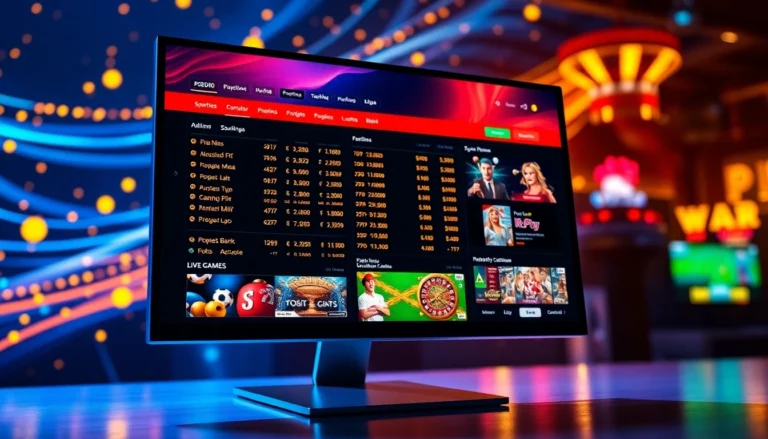 An online sportsbook and casino interface displaying betting odds and live games on a sleek computer screen with vibrant, glowing background elements.