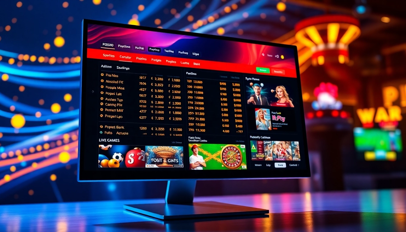 An online sportsbook and casino interface displaying betting odds and live games on a sleek computer screen with vibrant, glowing background elements.