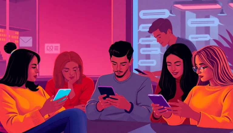 Illustration of users engaging in nsfw ai chat on devices, highlighting privacy and unfiltered interactions for adult audiences.