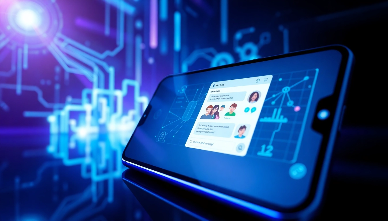 Futuristic AI chatbot interface on a sleek device with holographic data streams and colorful character avatars.