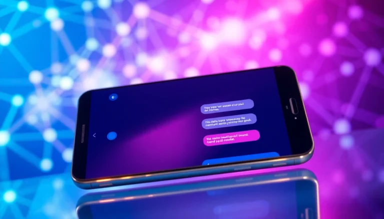 Futuristic AI chatbot interface on a sleek device with glowing digital network background