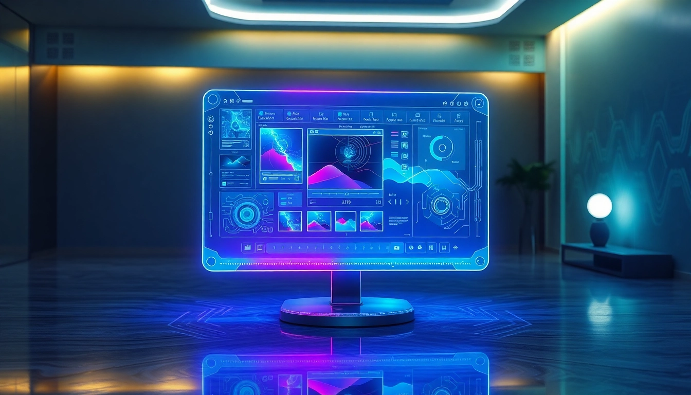 Futuristic AI interface with holographic image editing tools and neon accents in a modern workspace