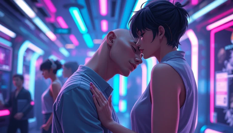 Futuristic digital scene with adult anime and realistic characters in an intimate setting with neon lighting