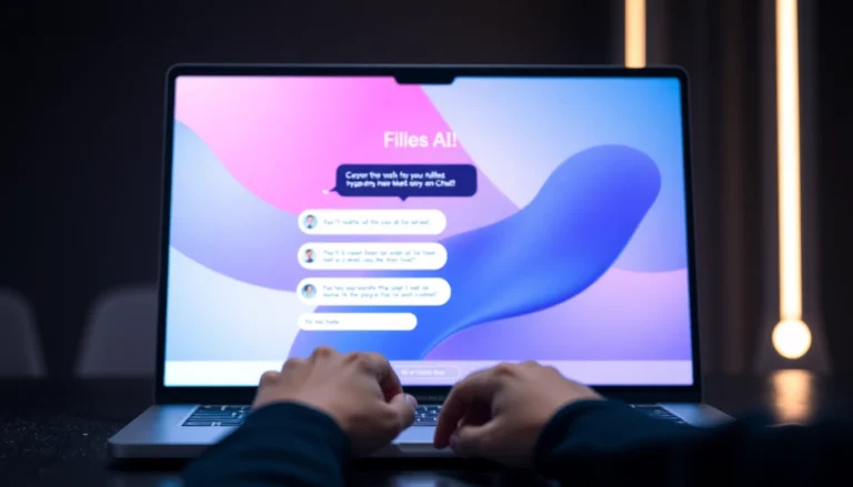 A person typing on a laptop with a colorful chat interface displayed on the screen, set in a modern workspace.