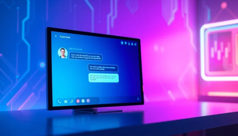 A futuristic digital chat interface with colorful text bubbles and AI character icons on a sleek screen.