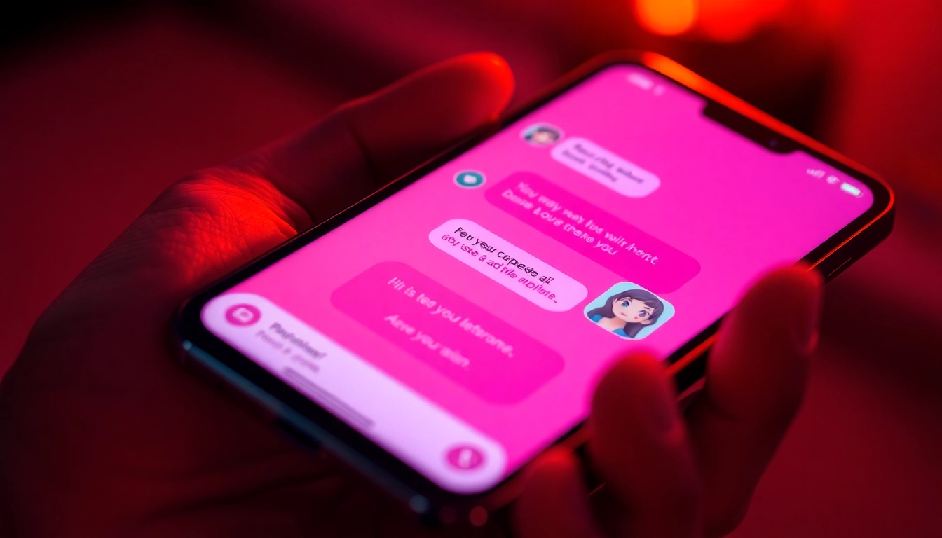 Close-up of a smartphone displaying an adult-themed AI chat interface with a flirtatious character avatar.