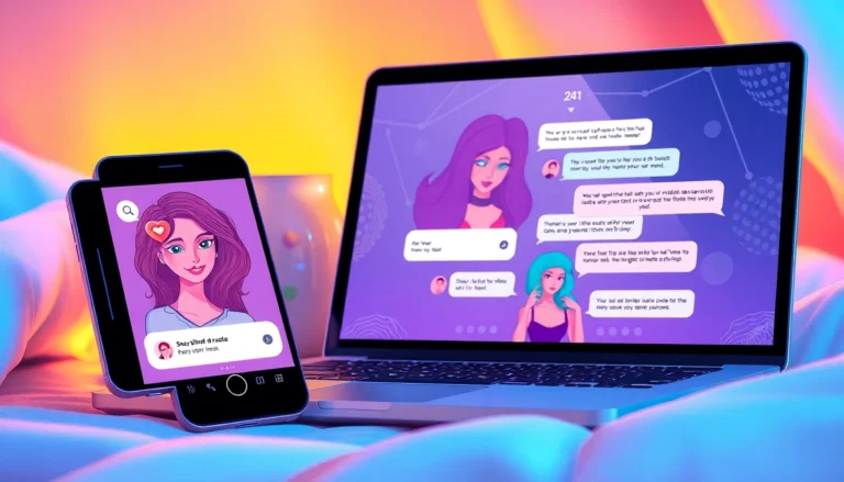 An illustration of a smartphone and laptop displaying chat interfaces with animated AI characters, set in a cozy, softly lit environment, emphasizing intimacy and flirtation.