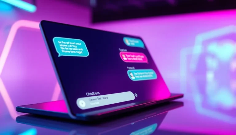 Futuristic chatbot interface with a user interacting in a neon-lit digital environment.