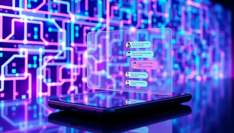 Futuristic AI chatbot interface on a modern device with glowing data streams and holographic chat windows.