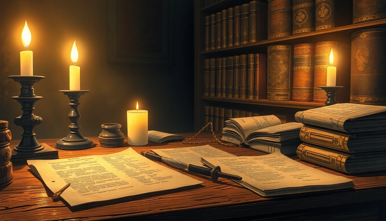 A vintage study scene with old books and candlelight, emphasizing historical scholarly ambiance.