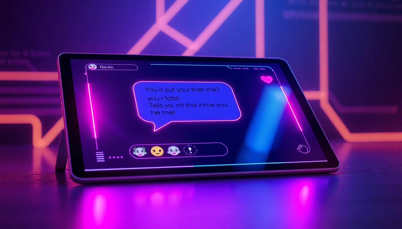 Futuristic chat interface on a tablet with colorful neon accents and expressive AI character icons.