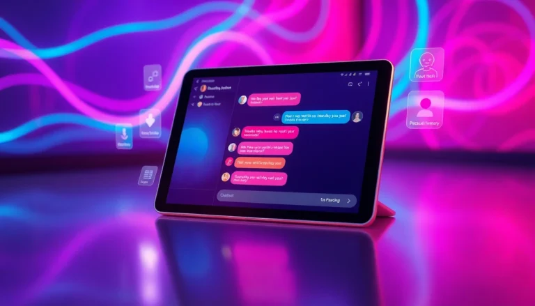 A modern tablet showing an AI chat interface with neon-lit background and holographic elements.