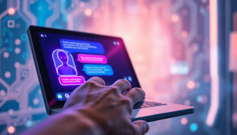Close-up of a person using a futuristic AI chatbot on a sleek digital device with glowing chat bubbles and a tech-inspired background.