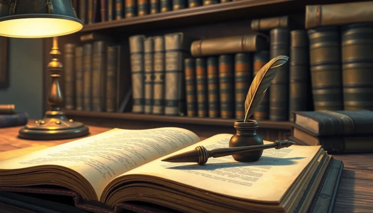 Vintage library scene with old books, quill, and warm lighting, evoking historical curiosity.