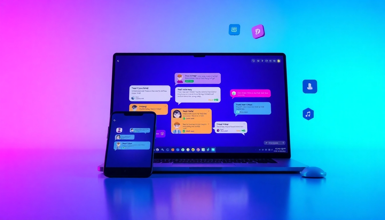 Digital illustration of AI chat interfaces on a smartphone and desktop with colorful chat bubbles and futuristic elements.