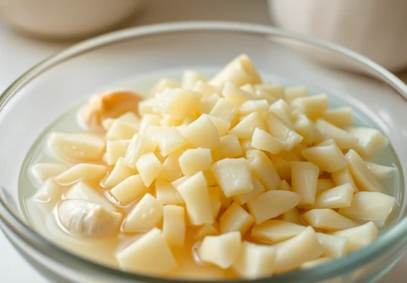 Fresh Minced Garlic in water displayed in a glass bowl, highlighting purity and quality for