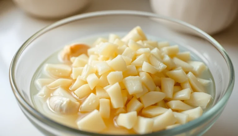 Fresh Minced Garlic in water displayed in a glass bowl, highlighting purity and quality for