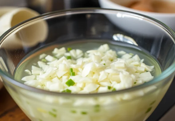 Close-up of minced garlic in water being stirred in a glass bowl, highlighting freshness and