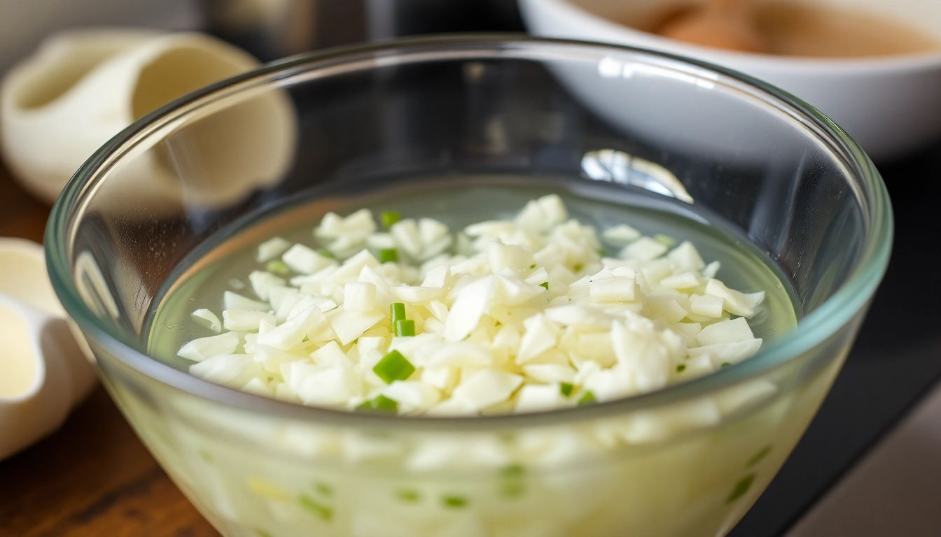 Close-up of minced garlic in water being stirred in a glass bowl, highlighting freshness and